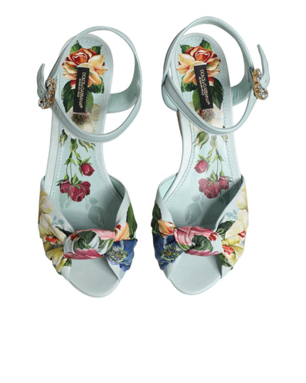 Dolce & Gabbana Green Floral Ankle Strap Wedge Sandals Shoes
