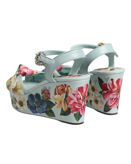 Dolce & Gabbana Green Floral Ankle Strap Wedge Sandals Shoes