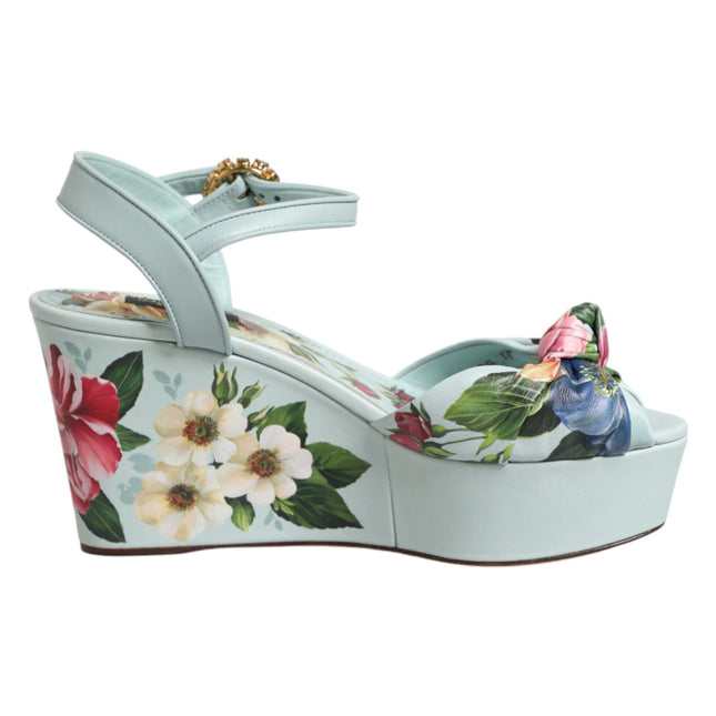 Dolce & Gabbana Green Floral Ankle Strap Wedge Sandals Shoes