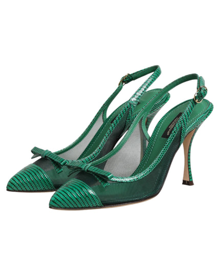 Dolce & Gabbana Green Leather Mesh Heels Slingback  Shoes