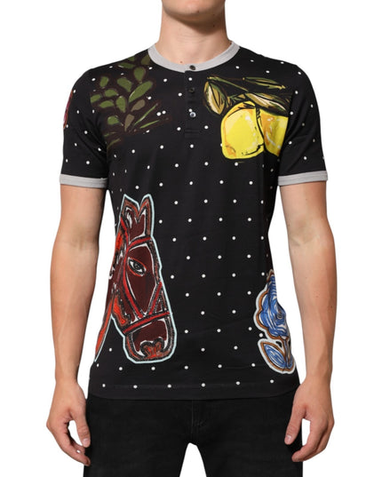 Dolce & Gabbana Black Polka Dot Lemons Horse Henley T-Shirt