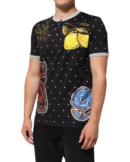 Dolce & Gabbana Black Polka Dot Lemons Horse Henley T-Shirt