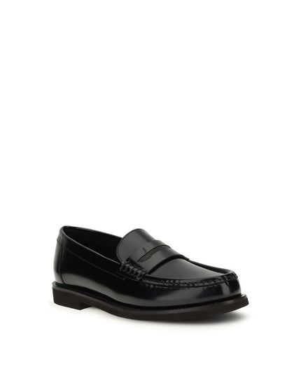 Brunello Cucinelli Black Leather Slip-On Loafers