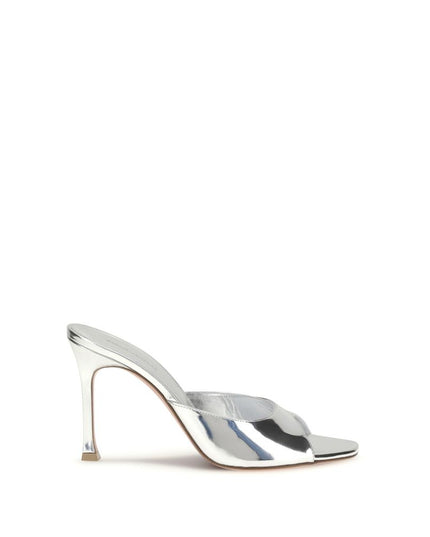 Amina Muaddi Silver Calf Leather Bos Taurus Stiletto Heel Sandals