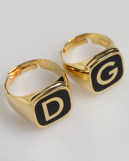 Dolce & Gabbana Gold-Tone Real Brass Black Enamel "DG" Adjustable Rings