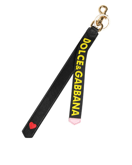 Dolce & Gabbana Black Yellow Logo Letaher Brass Holder Keychain Keyring