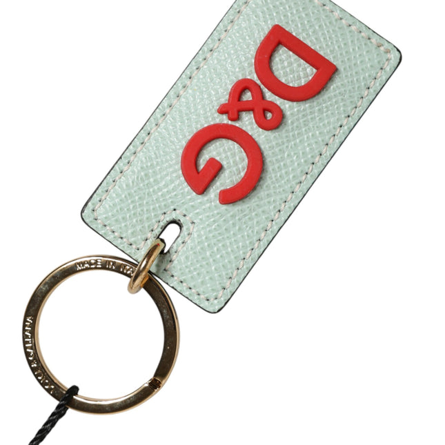 Dolce & Gabbana Mint Green Calf Leather Logo Metal Ring Keychain Keyring