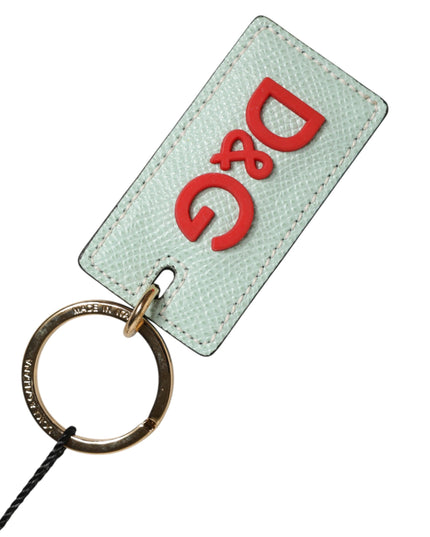 Dolce & Gabbana Mint Green Calf Leather Logo Metal Ring Keychain Keyring