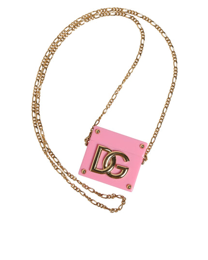 Dolce & Gabbana Pink DG Logo Plaque Cover Gold Chain Airpods Case