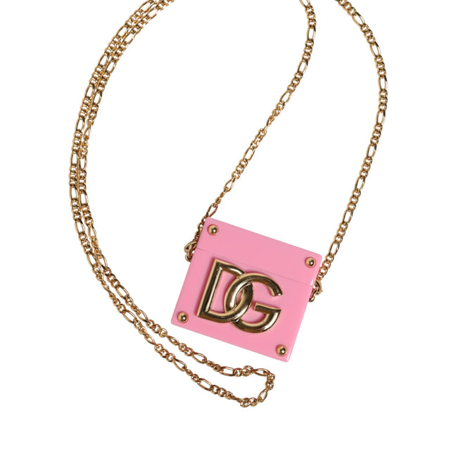 Dolce & Gabbana Pink DG Logo Plaque Cover Gold Chain Airpods Case