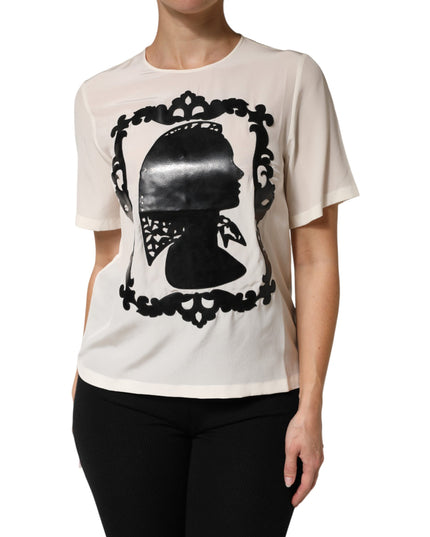 Dolce & Gabbana Cream Silk Silhouette Detail Short Sleeve Top