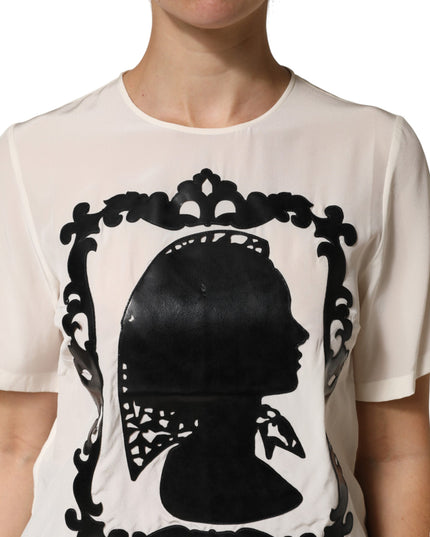 Dolce & Gabbana Cream Silk Silhouette Detail Short Sleeve Top