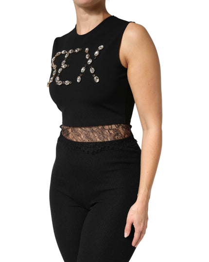 Dolce & Gabbana Black Jersey Lace Ruching Rhinestone Tank Top