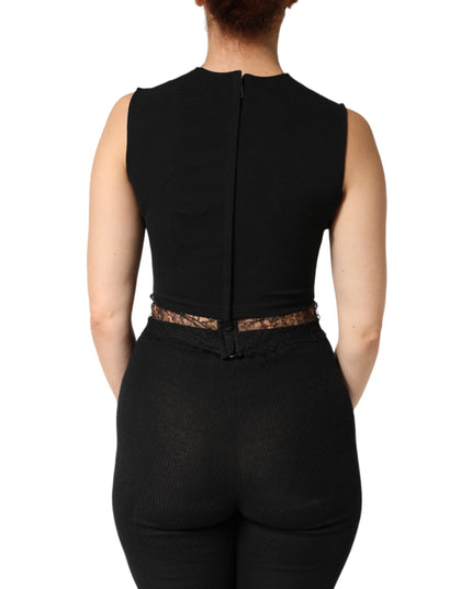 Dolce & Gabbana Black Jersey Lace Ruching Rhinestone Tank Top