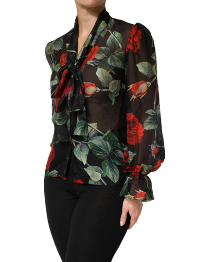 Dolce & Gabbana Black Floral Long Sleeves Silk Blouse Top