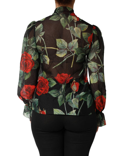Dolce & Gabbana Black Floral Long Sleeves Silk Blouse Top