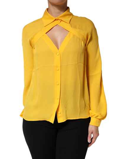 Moschino Couture Yellow Silk Collared Long Sleeves  Top