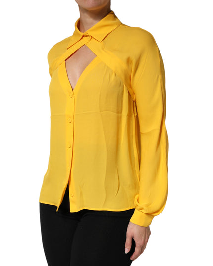 Moschino Couture Yellow Silk Collared Long Sleeves  Top