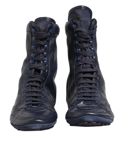 Dolce & Gabbana Dark Blue Deer Leather Mid Calf Boots Shoes