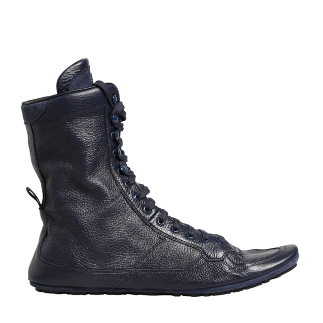 Dolce & Gabbana Dark Blue Deer Leather Mid Calf Boots Shoes