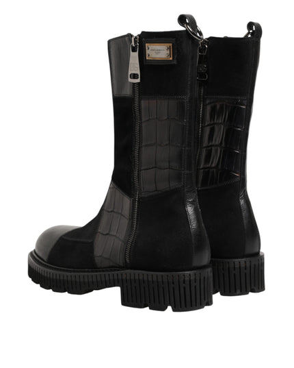 Dolce & Gabbana Black Patchwork Leather Mid Calf Boot  Shoes