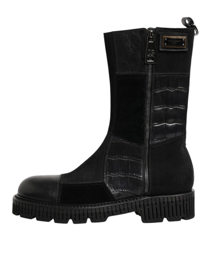Dolce & Gabbana Black Patchwork Leather Mid Calf Boot  Shoes