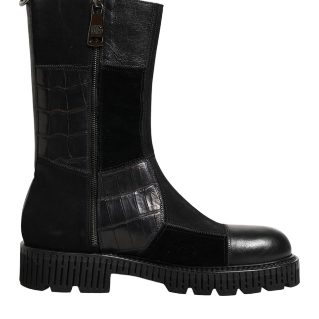 Dolce & Gabbana Black Patchwork Leather Mid Calf Boot  Shoes