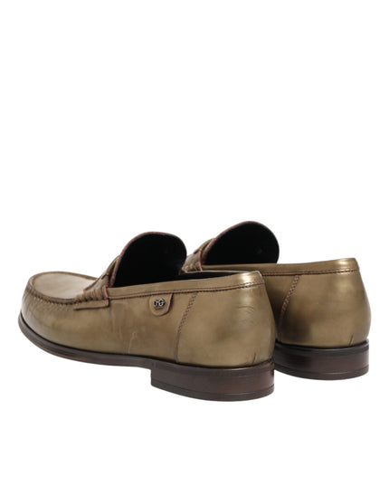 Dolce & Gabbana Gold Leather Slip On Dress Men Loafers Shoes