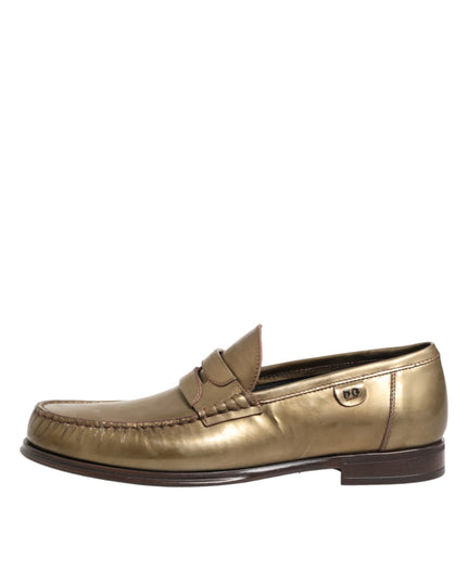Dolce & Gabbana Gold Leather Slip On Dress Men Loafers Shoes