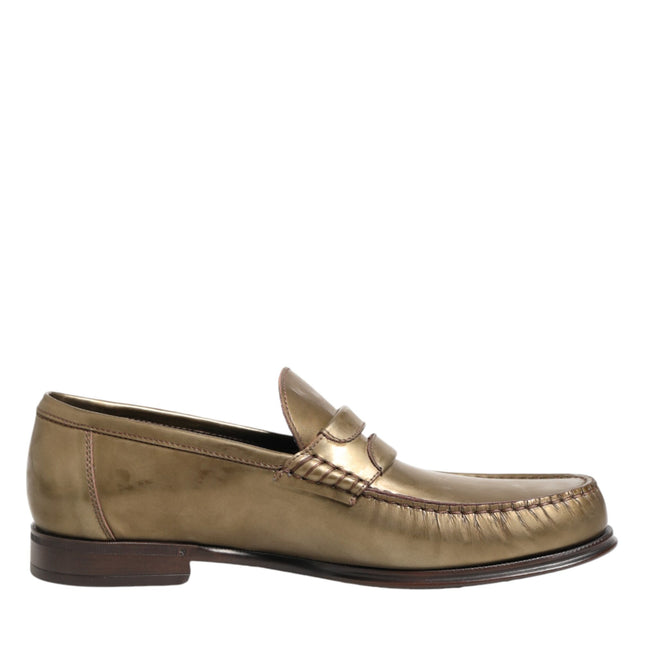 Dolce & Gabbana Gold Leather Slip On Dress Men Loafers Shoes