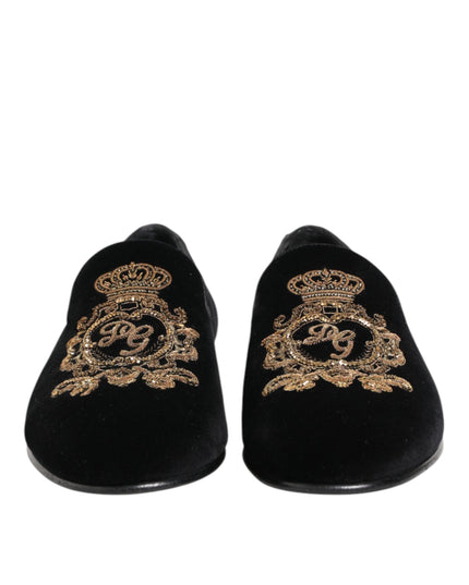 Dolce & Gabbana Black Velvet Gold Crown Mens Loafers Shoes