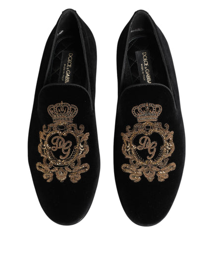 Dolce & Gabbana Black Velvet Gold Crown Mens Loafers Shoes