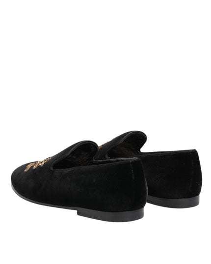 Dolce & Gabbana Black Velvet Gold Crown Mens Loafers Shoes