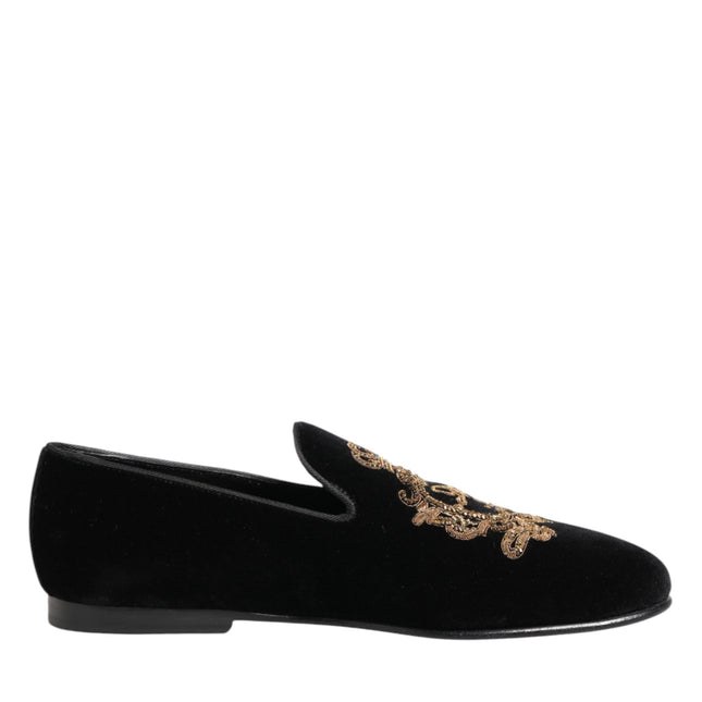 Dolce & Gabbana Black Velvet Gold Crown Mens Loafers Shoes