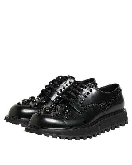 Dolce & Gabbana Black Leather Studded Men Formal Derby  Shoes
