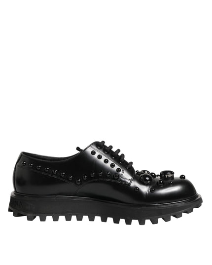 Dolce & Gabbana Black Leather Studded Men Formal Derby  Shoes