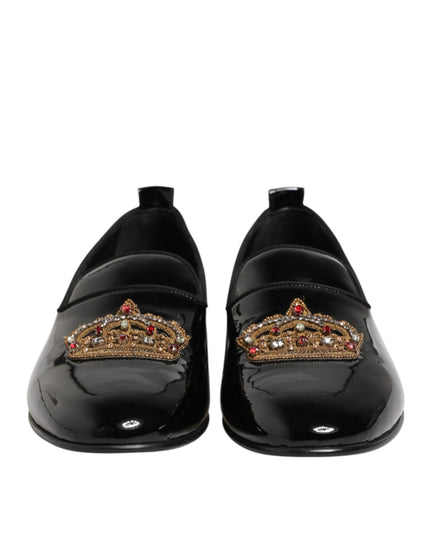 Dolce & Gabbana Black Leather Gold Crown Mens Loafers Shoes