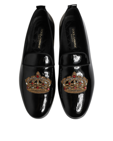 Dolce & Gabbana Black Leather Gold Crown Mens Loafers Shoes