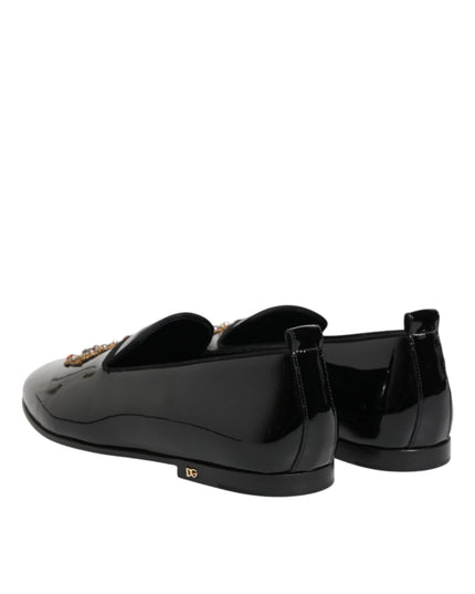 Dolce & Gabbana Black Leather Gold Crown Mens Loafers Shoes
