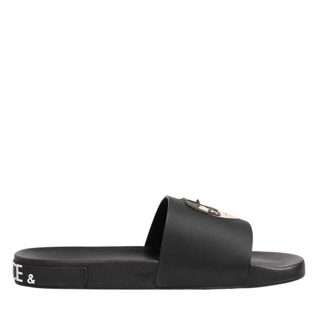 Dolce & Gabbana Black Leather Slides Sandals Beachwear Shoes