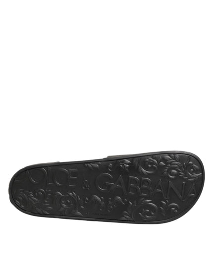 Dolce & Gabbana Black Leather Slides Sandals Beachwear Shoes
