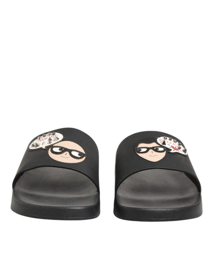 Dolce & Gabbana Black Leather Slides Sandals Beachwear Shoes