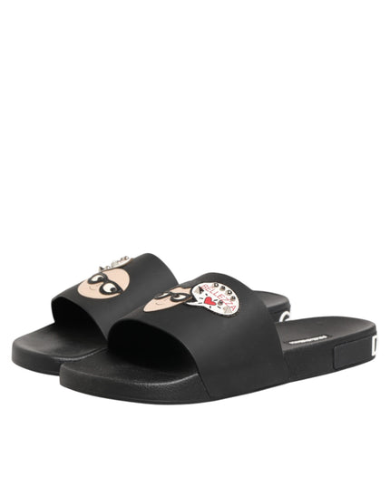 Dolce & Gabbana Black Leather Slides Sandals Beachwear Shoes