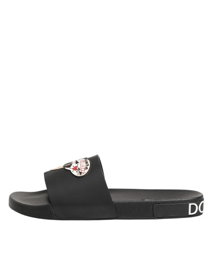 Dolce & Gabbana Black Leather Slides Sandals Beachwear Shoes