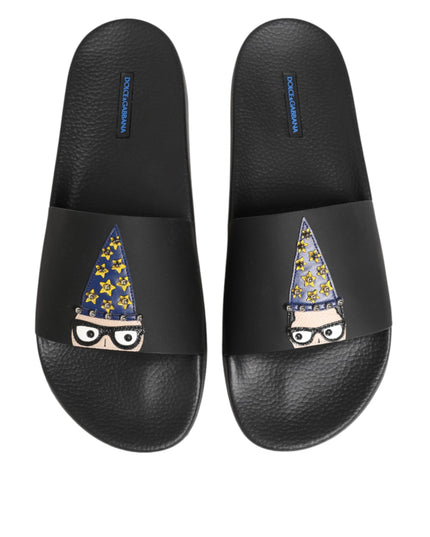 Dolce & Gabbana Black Leather Slides Sandals Beachwear Shoes