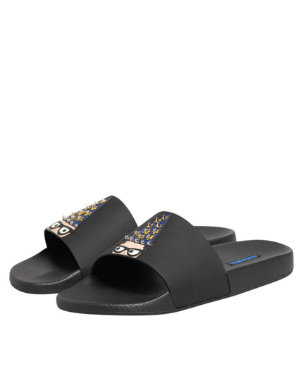 Dolce & Gabbana Black Leather Slides Sandals Beachwear Shoes