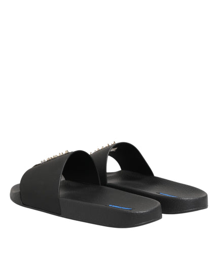 Dolce & Gabbana Black Leather Slides Sandals Beachwear Shoes