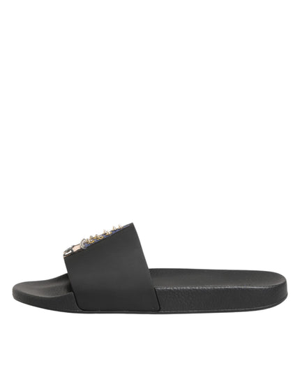 Dolce & Gabbana Black Leather Slides Sandals Beachwear Shoes