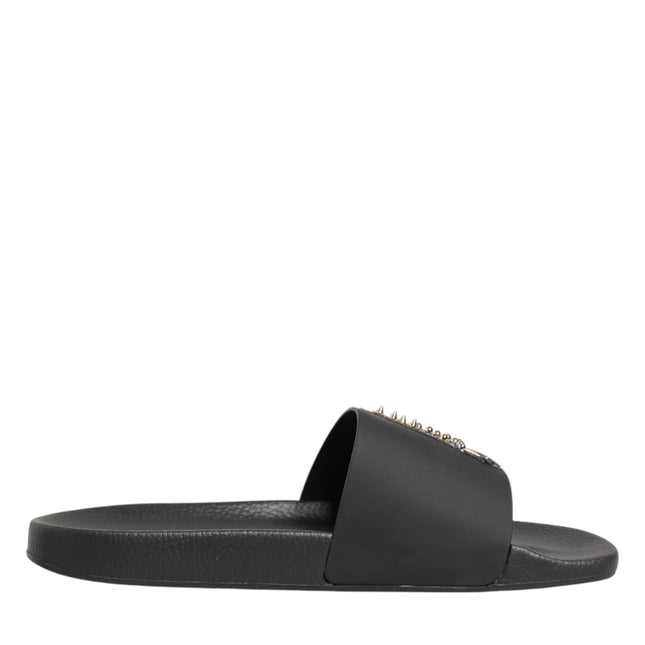 Dolce & Gabbana Black Leather Slides Sandals Beachwear Shoes