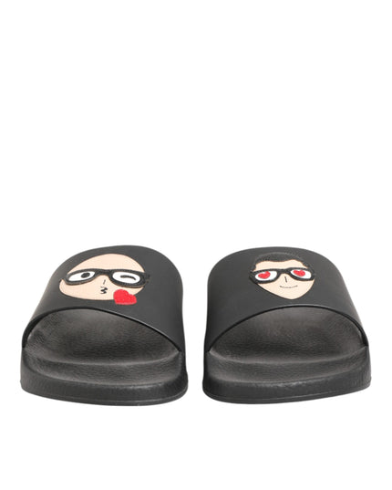 Dolce & Gabbana Black Leather Slides Sandals Beachwear Shoes